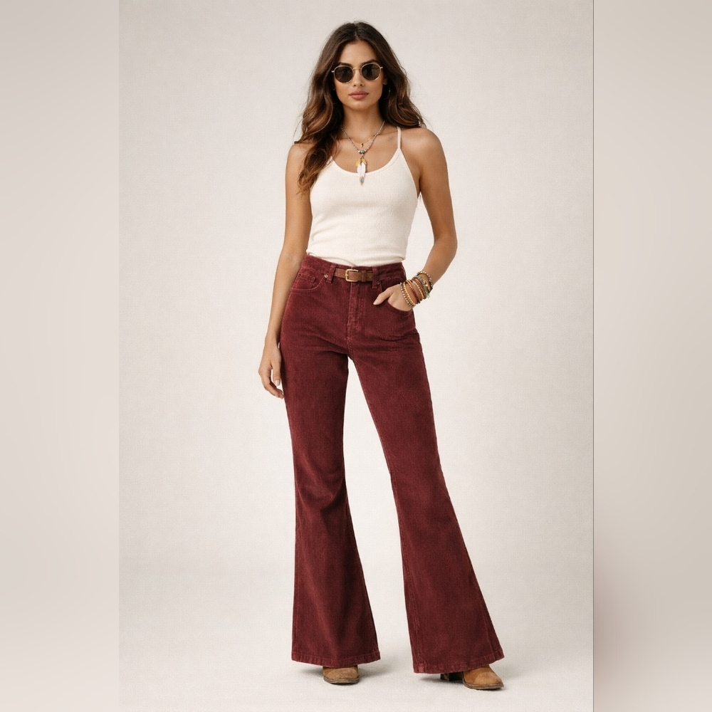 Kensie Savannah Woman's High Rise Flare Corduroy Pants Burgundy 10/30 Retro Chic - Picture 1 of 13